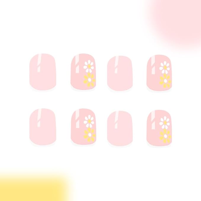 24Pcs Short Press on Nails White French Tip Fake Nails Spring Summer Flower False Nails for Women Nude Pink Glue on Nails Full Cover Reusable Stick on Nails Cute Square Nails Press ons
