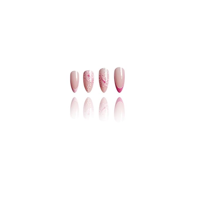 Pink French tips Press on Nails Medium Almond Fake Nails with Design Pink Flower Glue on Nails Glossy Spring Nails Reusable Summer False Nails for Women Girls Manicure 24pcs