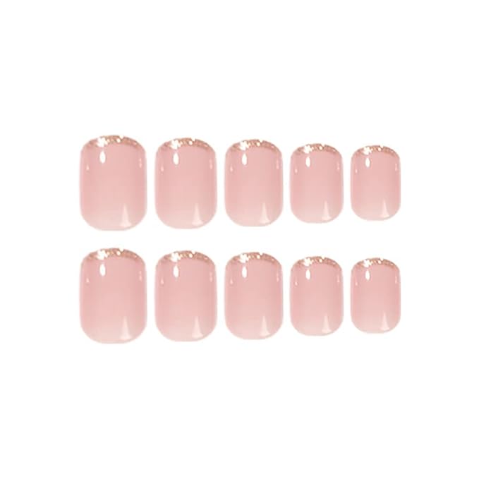 Press on Nails Short, Extra Short Press on Nails Glue on for Women, Gold Nude Pink French tip press-on nail, Reusable Stick on Acrylic Glossy Soft Gel Fake presson Nail Kit for Women Gift