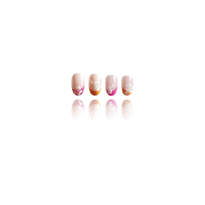 Pink Orange French tips Press on Nails Medium Almond Fake Nails with Design White Flower Glue on Nails Glossy Spring Nails Reusable Summer False Nails for Women Girls Manicure 24pcs