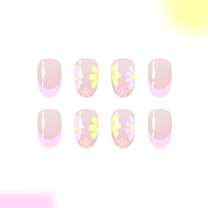 24Pcs Pink French Tip Press on Nails Yellow Pink Flower Fake Nails Cute Summer Stick on Nails Medium Almond False Nails Full Cover Glossy Stick on Nails Acrylic Nails for Women Girls