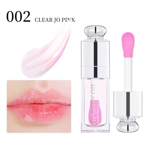 Plumping Lip Oil,Hydrating Gloss Tinted Lip Balm Transparent Lip Care,Big Brush Head Glitter Shine,Long Lasting Nourishing Non-sticky Fresh Textureand Dry Lips Care Products0.2 OZ(002#CLEAR TO PINK)-VivaGrace Women