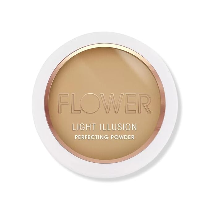 FLOWER Beauty By Drew Barrymore Light Illusion Perfecting Powder - Powder Foundation + Setting Powder for Makeup - Medium Buildable Coverage - Natural Glow + Flawless Finish - Mirror + Sponge Include d (Caramel)-VivaGrace Women