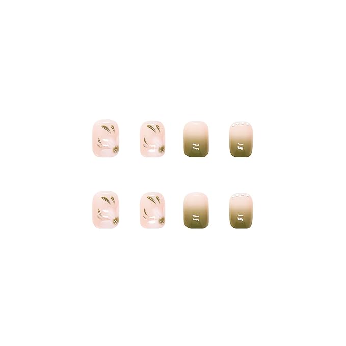 Short Square Fake Nails Spring Green Press on Nails Glossy False Nails with Flower Designs Short Acrylic Nails Full Cover Artificial Glue on Nails Stick on Nails for Women Nail Decorations, 24pcs
