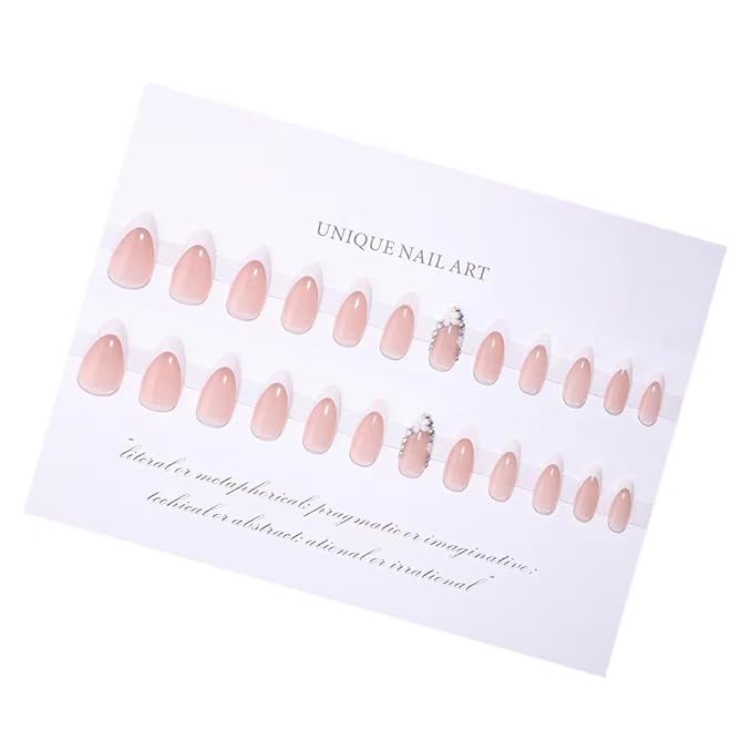 White French Tip Press On Nails - Medium Almond Fake Nails with Diamond Design, Rhinestone Flower, Glue On, Artificial Acrylic Glossy Full Cover Stick On Nails - 24pcs