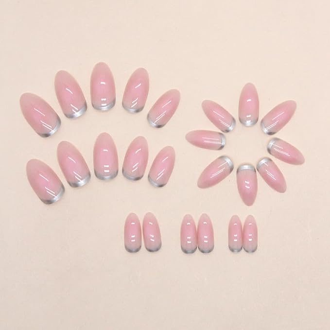 Pink Press On Nails Short Curve 24 Pcs, Silver Tip Designer Reusable Acrylic Fake Nails with Glue, Glossy Soft Gel Nails Wedding and Party, Stick On Glue On Nails, Nial for Women Gift