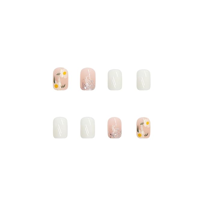 Flower Press on Nails Short Square Fake Nails Milk White Stick on Nails Full Cover Small Flowers False Nail Tips Acrylic Spring Glue on Nails Cute Floral Nail Art Decorations for Women 24Pcs