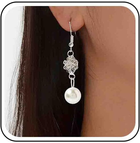 Vintage Rhinestone Pearl Drop Earrings Crystal Flower Dangle Earrings Silver Pearl Earring Cz Flower Hook Earrings Jewelry for Women-VivaGrace Women