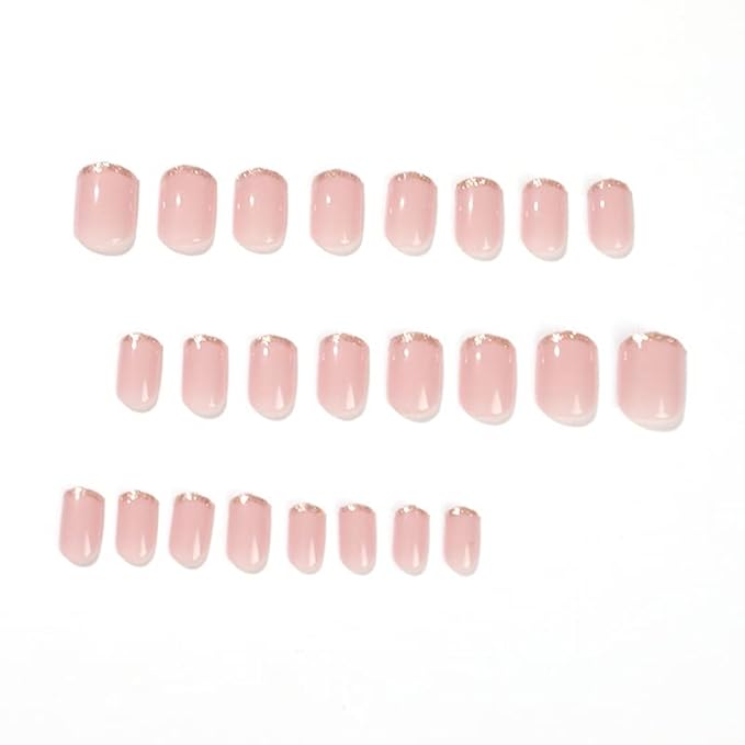 Press on Nails Short, Extra Short Press on Nails Glue on for Women, Gold Nude Pink French tip press-on nail, Reusable Stick on Acrylic Glossy Soft Gel Fake presson Nail Kit for Women Gift