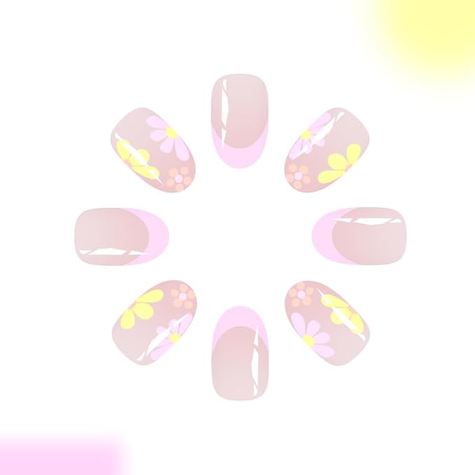 24Pcs Pink French Tip Press on Nails Yellow Pink Flower Fake Nails Cute Summer Stick on Nails Medium Almond False Nails Full Cover Glossy Stick on Nails Acrylic Nails for Women Girls