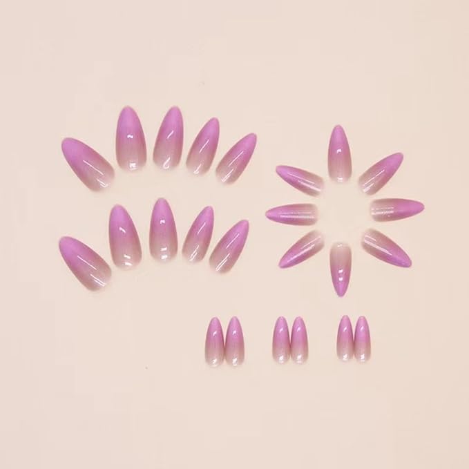 Purple Chrome Press On Nails - Medium Almond Glossy Aurora False Nails, 24Pcs Reusable Artificial Stick On Nails for Women & Girls
