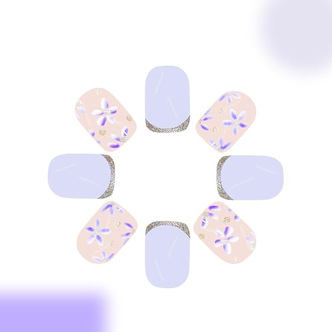 Short Press on Nails Mummer Square Fake Nails Purple Flower False Nails with Glitter Designs Cute French Tip Artificial Acrylic Nails Press ons Reusable Stick on Nails Summer Glue on Nails for Women