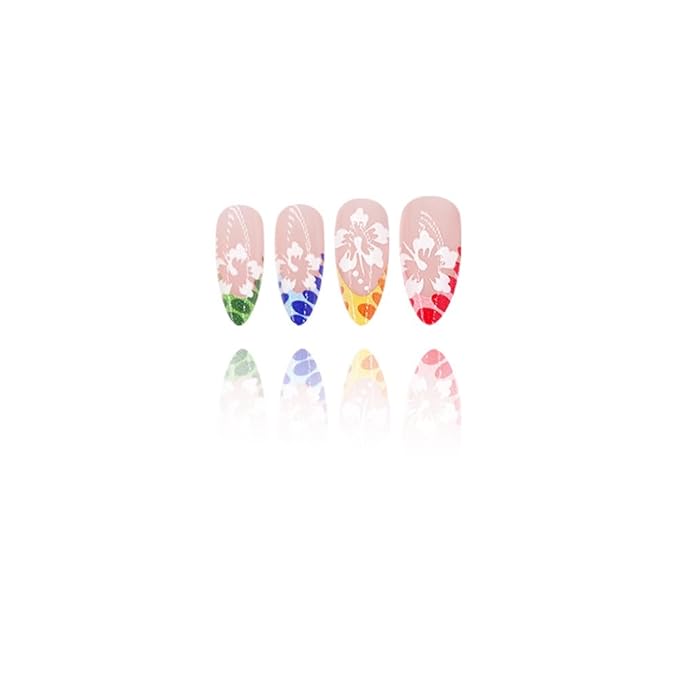 Colorful French Tips Press on Nails Medium Almond Fake Nails with White Flower Designs Spring Nails Press ons,Glossy Reusable Floral False Nails for Women Girls Manicure 24pcs