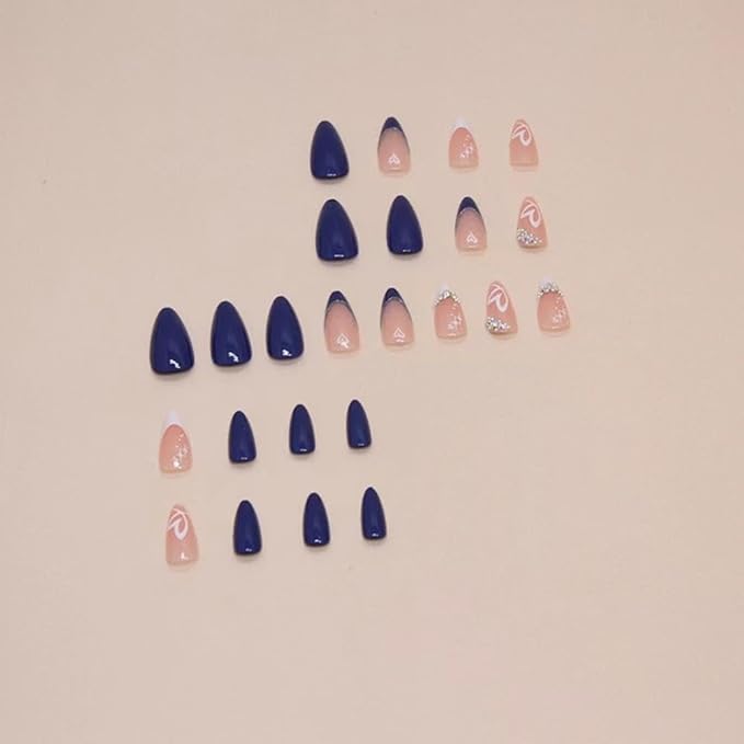 Stiletto Press on Nails Medium Blue Fake Nails Heart False Nails with Design Rhinestone Glue on Nails Artificial French Acrylic Nail Glossy Full Cover Stick on Nails for Women Girls Manicure 24pcs