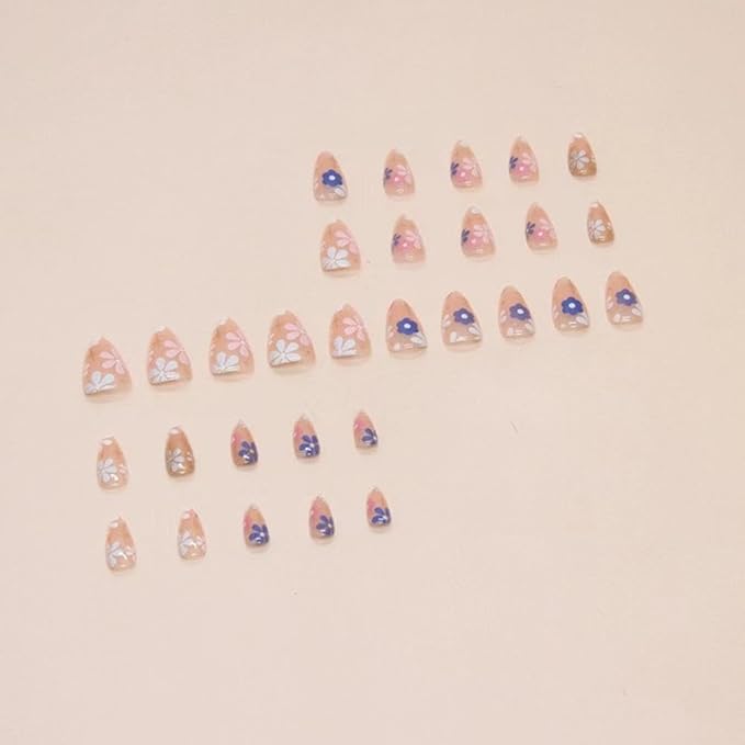 Flower Press Medium Almond Fake Nails with Design Star Glue on Reusable Artificial Acrylic Full Cover Stick on False Nails for Women Girls Manicure 24pcs