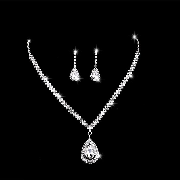 Bride Silver Necklace Earrings Set Rhinestone Wedding Jewelry Set Crystal Choker Necklace for Women-VivaGrace Women
