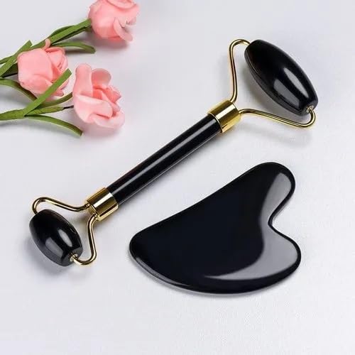 Black Obsidian Jade Facial Roller & Gua Sha Set 100% Natural Source from Highest Altitude of Himalayan Two-Sided Face Neck Massager Stone Beauty Tool-VivaGrace Women