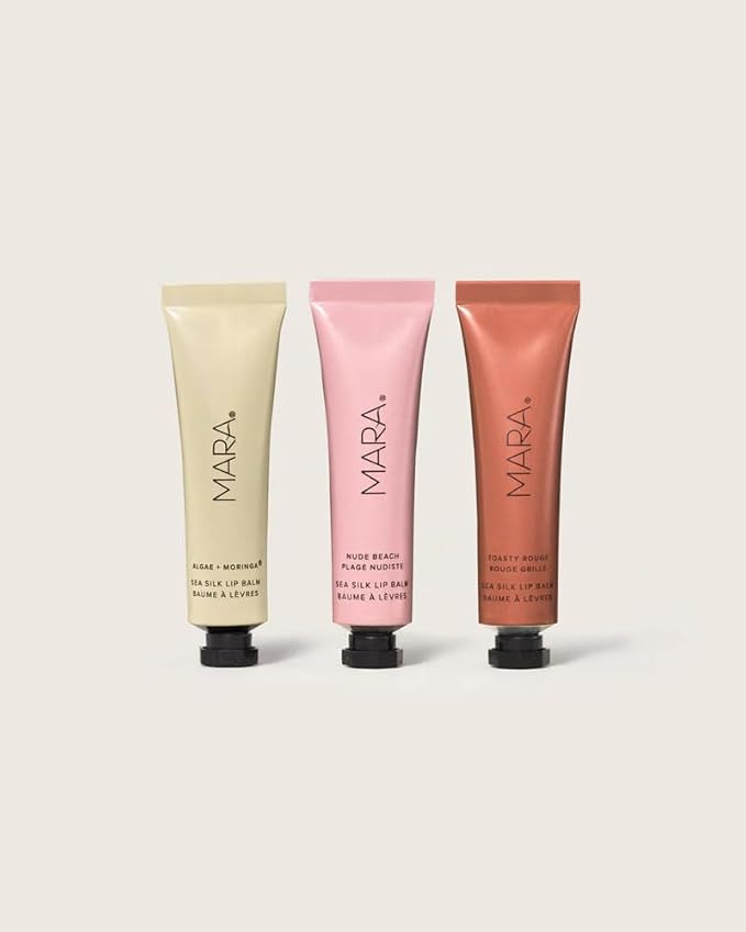 MARA - Sea Silk Lip Balm Trio | Non-Toxic, Plant-Based Skin Care, Hypoallergenic | Moisturize, Plump + Soothe Dry, Chapped Lips | Clear, Nude Beach, & Toasty Rouge (3 Piece Set)-VivaGrace Women