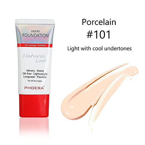 AQUAPURITY PHOERA Full Coverage Foundation New Formula Waterproof Long Lasting Oil Free Velvet Matte Liquid Foundation for Oily Skin Flawless Makeup Base Cream Concealer (101 Porcelain)-VivaGrace Women