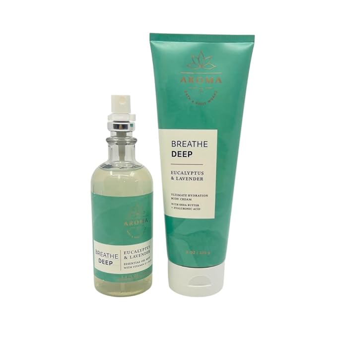 Bath & Body Works Aromatherapy Breathe Deep Eucalyptus & Lavender Gift Set with a Red Bow for Holidays & Gifts – Essential Oil Mist & Body Cream-VivaGrace Women
