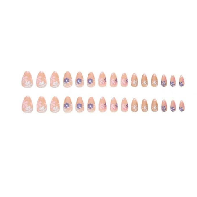 Flower Press Medium Almond Fake Nails with Design Star Glue on Reusable Artificial Acrylic Full Cover Stick on False Nails for Women Girls Manicure 24pcs