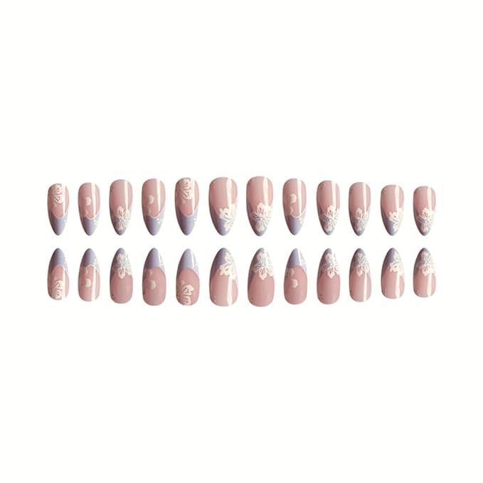 Blue French tips Press on Nails Medium Almond Fake Nails with Design White Flower Glue on Nails Glossy Spring Nails Reusable Summer False Nails for Women Girls Manicure 24pcs