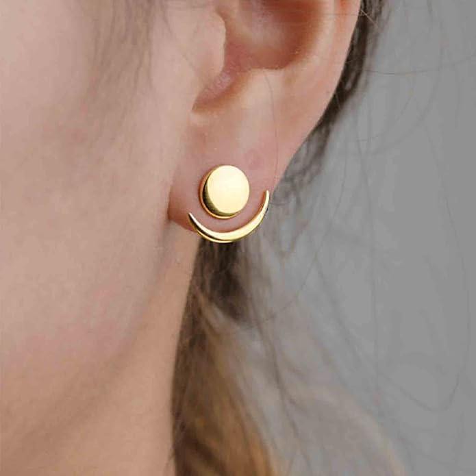 Boho Moon Ear Jackets Earrings Crescent Moon Stud Earrings Gold Sun Moon Earrings Minimalist Double Sided Round Earrings Jewelry for Women-VivaGrace Women