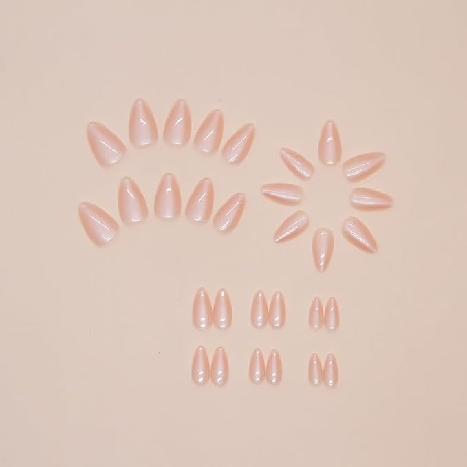Pink Press On Nails Short Almond 30 Pcs, Jelly Pink Designer Reusable Acrylic Fake Nails with Glue, Glossy Soft Gel Nails Wedding and Party, Stick On Glue On Nails, Nial for Women Gift