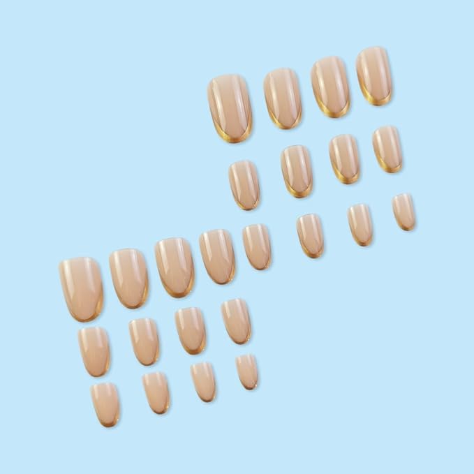 French Tip Press On Nails Short Ovale 24 Pcs, Gold Tip Designer Reusable Acrylic Fake Nails with Glue On Nails, Glossy Soft Gel Nails Wedding and Party, Stick On Nails for Women Gift