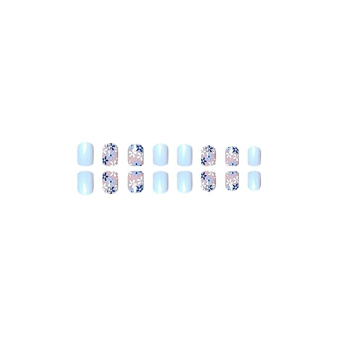 OCOUYVD Flower Fake Nails Extra Short Press on Nails Square Cute Blue False Nails with Small Floral Designs Acrylic Nails Spring Press on Nails Glossy Artificial Nails for Women Manicure