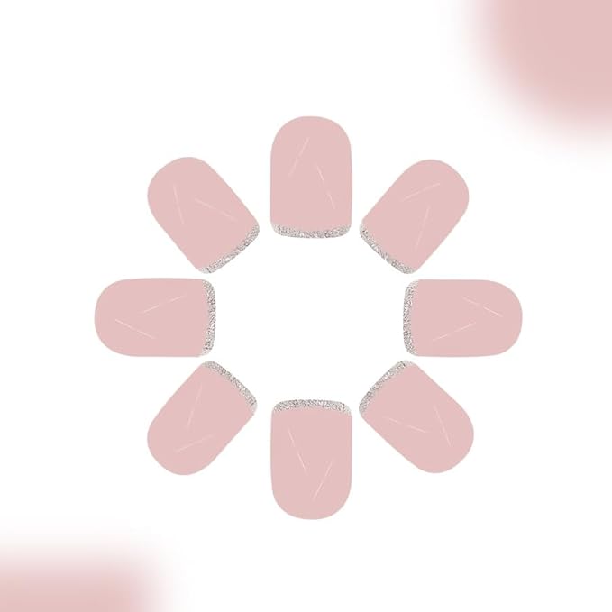 Short Press on Nails Gold Glitter Tip Fake Nails Nude Pink Stick on Nails Square False Nails Full Cover Glue on Nails Spring French Tip Stick on Nails for Women and Girls 24Pcs