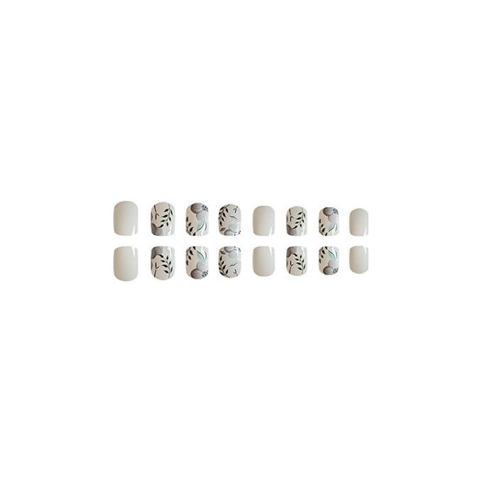 24 Pcs Short Square Flower nails Press on Nails Pure White False Nails with Floral and Leaves Design Acrylic Nails Glossy floral Reusable Fake Nails Fully Cover Stick on Nails for Women and Girls
