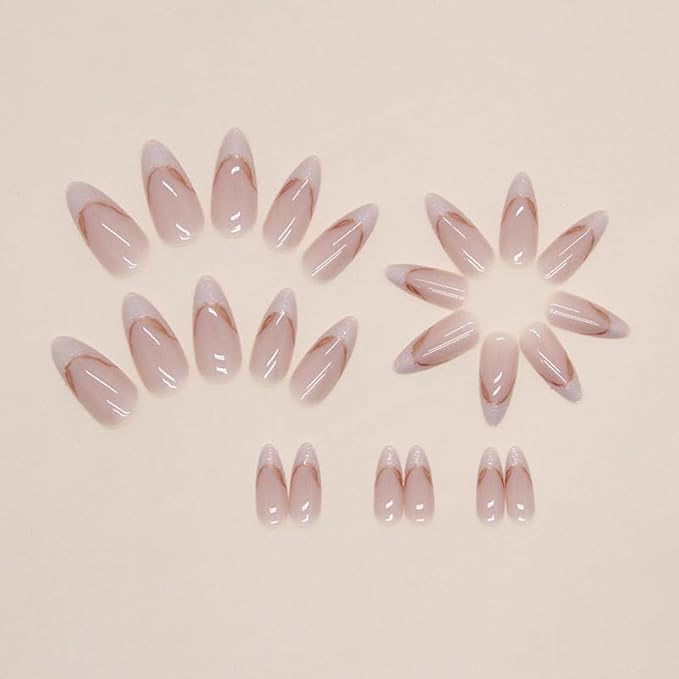 French Press On Nails medium Almond 24 Pcs, Gold Tip Designer Reusable Acrylic Fake Nails with Glue, Glossy Soft Gel Nails Wedding and Party, Stick On Glue On Nails, Nial for Women Gift