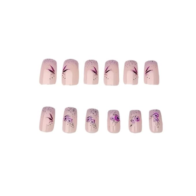 24Pcs Short Square Fake Nails Purple Flower Press on Nails Glitter Designs Valentine Nails Glue on Purple French Tip False Nails Full Cover Gradient Stick on Nails for Women Manicure Kit