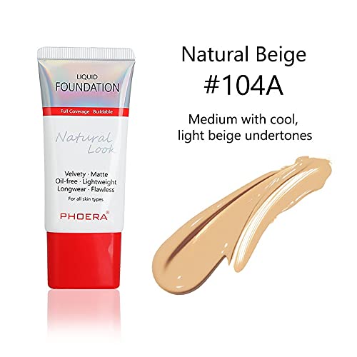 AQUAPURITY PHOERA Full Coverage Foundation New Formula Waterproof Long Lasting Oil Free Velvet Matte Liquid Foundation for Oily Skin Flawless Makeup Base Cream Concealer (104A Natural Beige)-VivaGrace Women