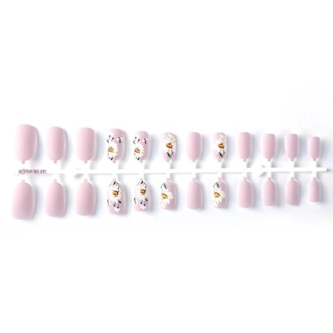 Flower Press on Nails Purple Fake Nails Medium Oval Nail Press ons with Design Lilac Glue on Nails Reusable Artificial Acrylic Nail Full Cover Stick on Nails Cute False Nails for Women Manicure 24pcs