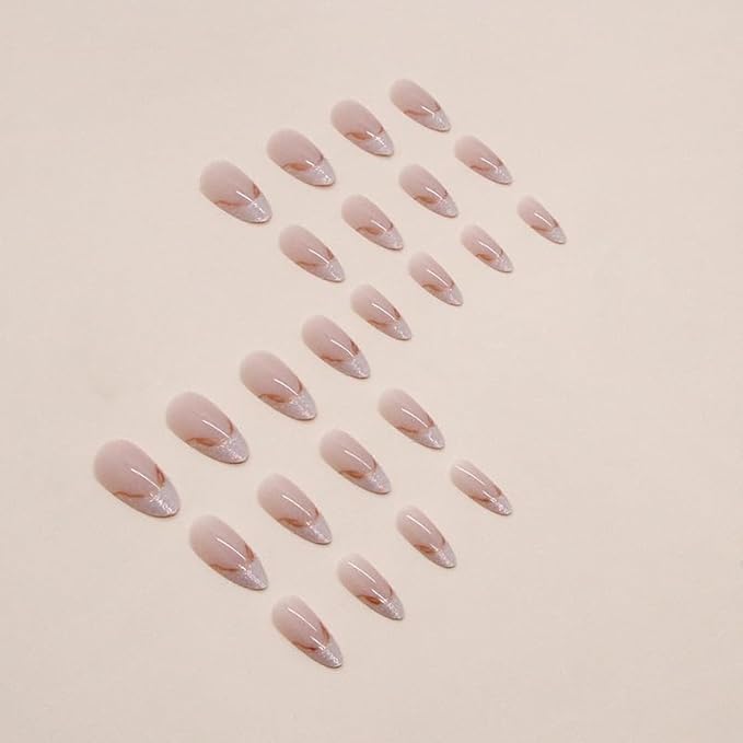 French Press On Nails medium Almond 24 Pcs, Gold Tip Designer Reusable Acrylic Fake Nails with Glue, Glossy Soft Gel Nails Wedding and Party, Stick On Glue On Nails, Nial for Women Gift