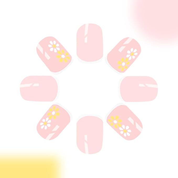 24Pcs Short Press on Nails White French Tip Fake Nails Spring Summer Flower False Nails for Women Nude Pink Glue on Nails Full Cover Reusable Stick on Nails Cute Square Nails Press ons