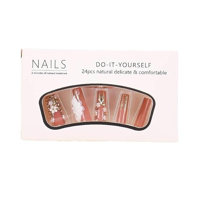 Long Press Pink Coffin Fake Nails with French Tip, 5D White Flower Designs, Gold Rhinestones, Glossy Glue on Nails for Women