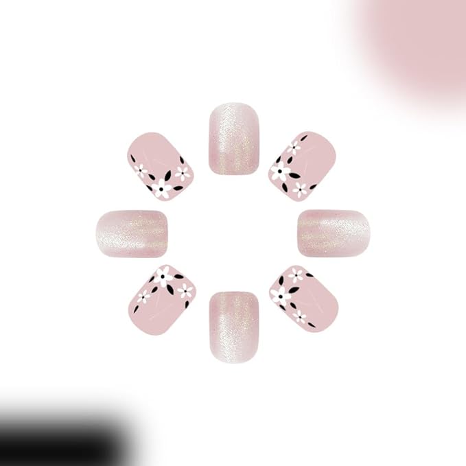 24Pcs Flower Press on Nails Short Square Fake Nails with Gold Designs Nude Pink Gradient Fake Nails Cute Flower Artificial Nails Spring Glue on Nails Acrylic Nails for Women