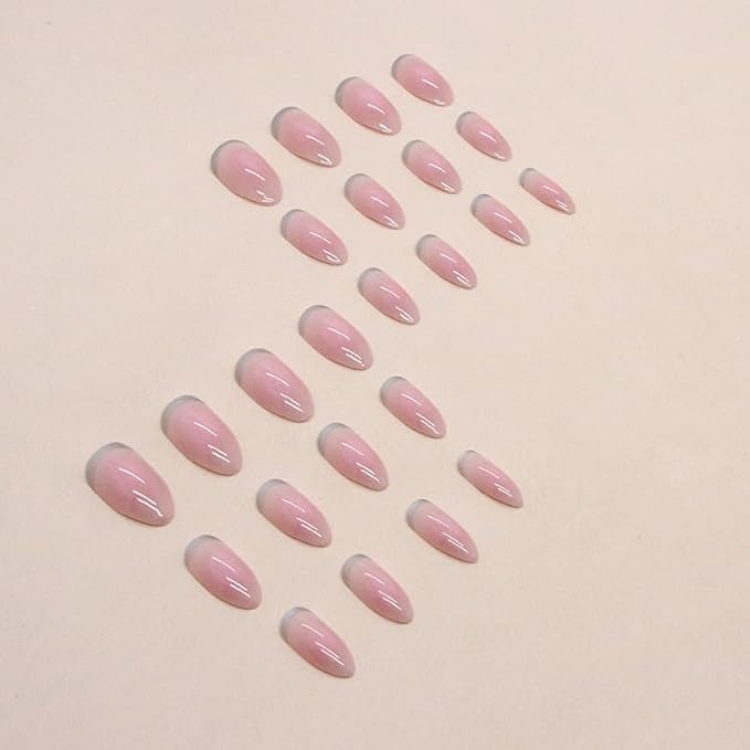 Pink Press On Nails Short Curve 24 Pcs, Silver Tip Designer Reusable Acrylic Fake Nails with Glue, Glossy Soft Gel Nails Wedding and Party, Stick On Glue On Nails, Nial for Women Gift
