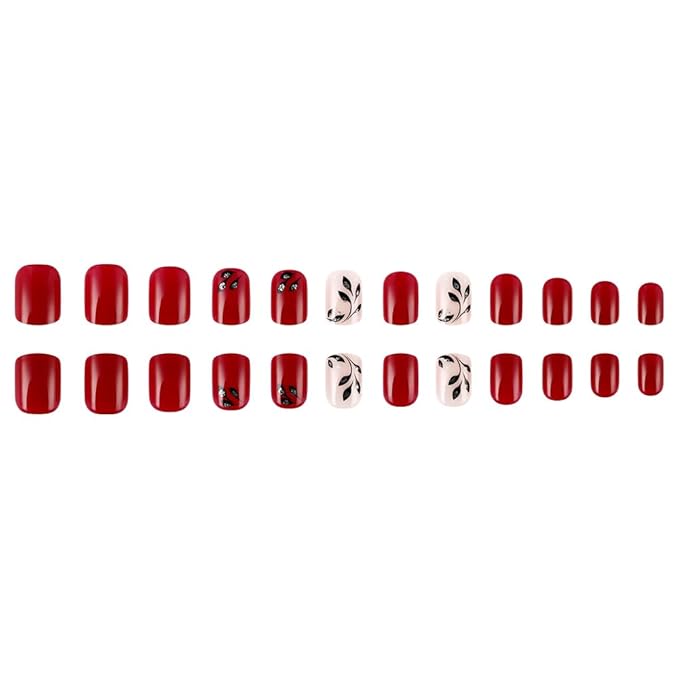 Red Press On Nails Short Square, Leaf Glitter Design Short False Nails, Reusable Stick On Fake Nails with Glue For Women, 12Sizes-24Salon Quality Nail Kit, Gift for Woman