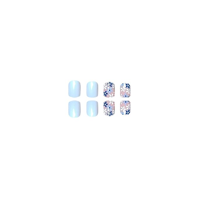 OCOUYVD Flower Fake Nails Extra Short Press on Nails Square Cute Blue False Nails with Small Floral Designs Acrylic Nails Spring Press on Nails Glossy Artificial Nails for Women Manicure