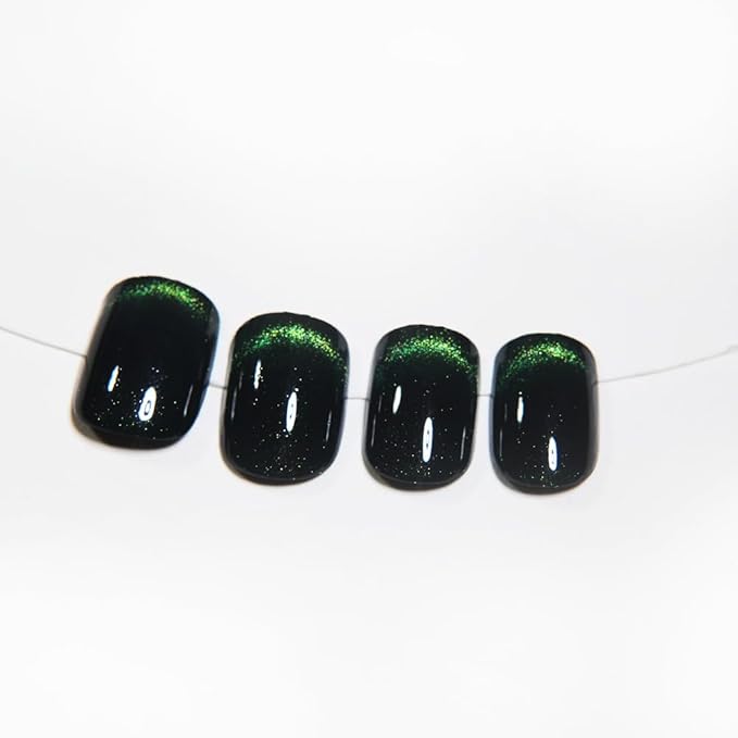 Green Press On Nails Short Square,Cat Eye Fake Nails,Defined Smile Line Design with a Radiant Gloss Effect, Glossy Gel Finish Acrylic Short Press On Nails, Thick Reusable Glue On Nails for Women