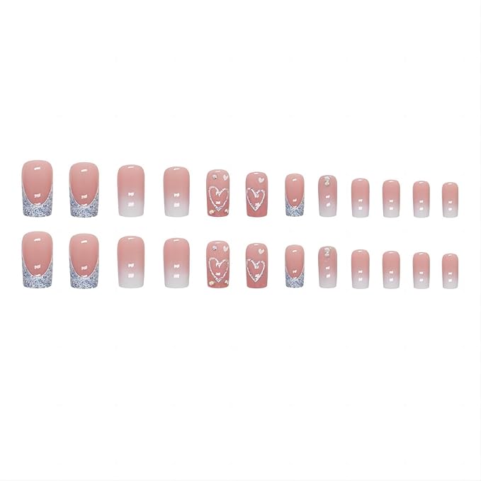Heart Press On Nails Medium Square Fake Nails Glitter Glossy Acrylic False Nails with Rhinestones Designs Ombre Pink Full Cover Press Ons Fall Winter Holiday Stick on Nails for Women 24Pcs