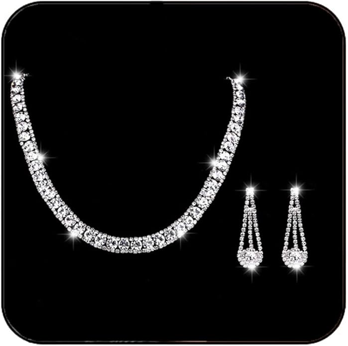 Yean Bride Silver Necklace Earrings Set Rhinestone Bridal Wedding Jewelry Sets Crystal Choker Necklace for Women (Set 3)-VivaGrace Women