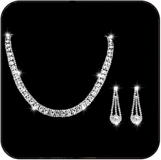 Yean Bride Silver Necklace Earrings Set Rhinestone Bridal Wedding Jewelry Sets Crystal Choker Necklace for Women (Set 3)-VivaGrace Women