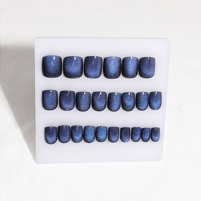 Dark Blue Press on Nails Short, Cat Eye Press on Nails Square, Fashion Gel Fake Nails, Reusable Acrylic Fake Nails, Glossy Stick on Nails for Women Girls Gift, Glue on Nails Kit, Starlit Abyss