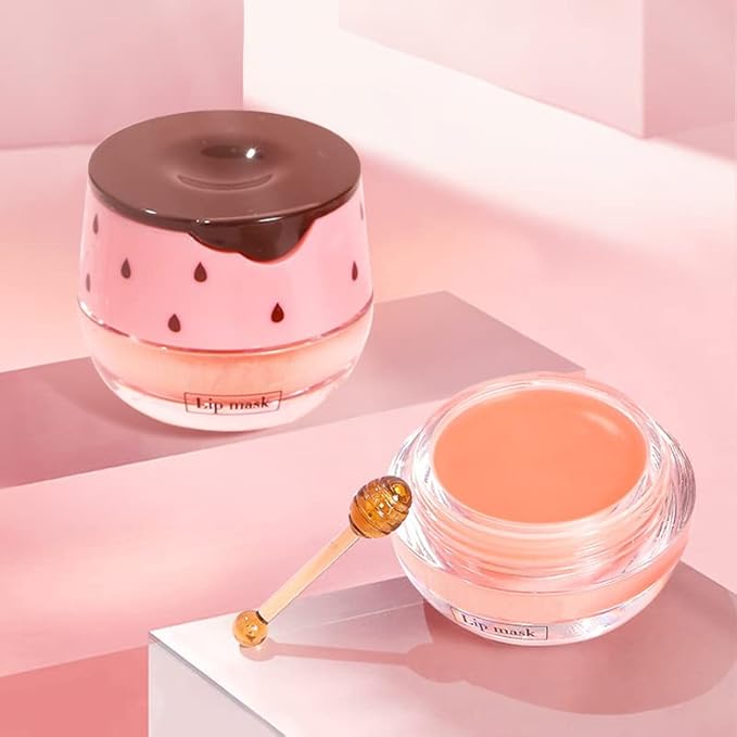2PCS Strawberry Sleeping Lip Mask,Bee Lip Balm Lip Mask Honey Pot Propolis Moisturizing Lip Balm with Stick,Plumping Lip Hydrating Prevention Dry & Cracked Lip Scrubs Exfoliato Lip Wrinkle Care-VivaGrace Women