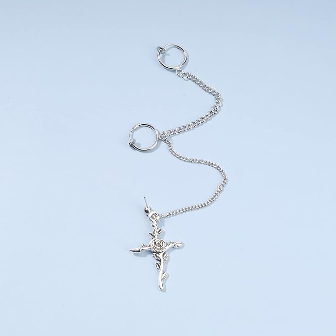 Cross Chain Cuff Earrings Silver Cross Dangle Chain Earrings Long Crucifix Drop Earrings Religious Ear Cuff Wrap Chain Earrings Jewelry for Women and Girls-VivaGrace Women